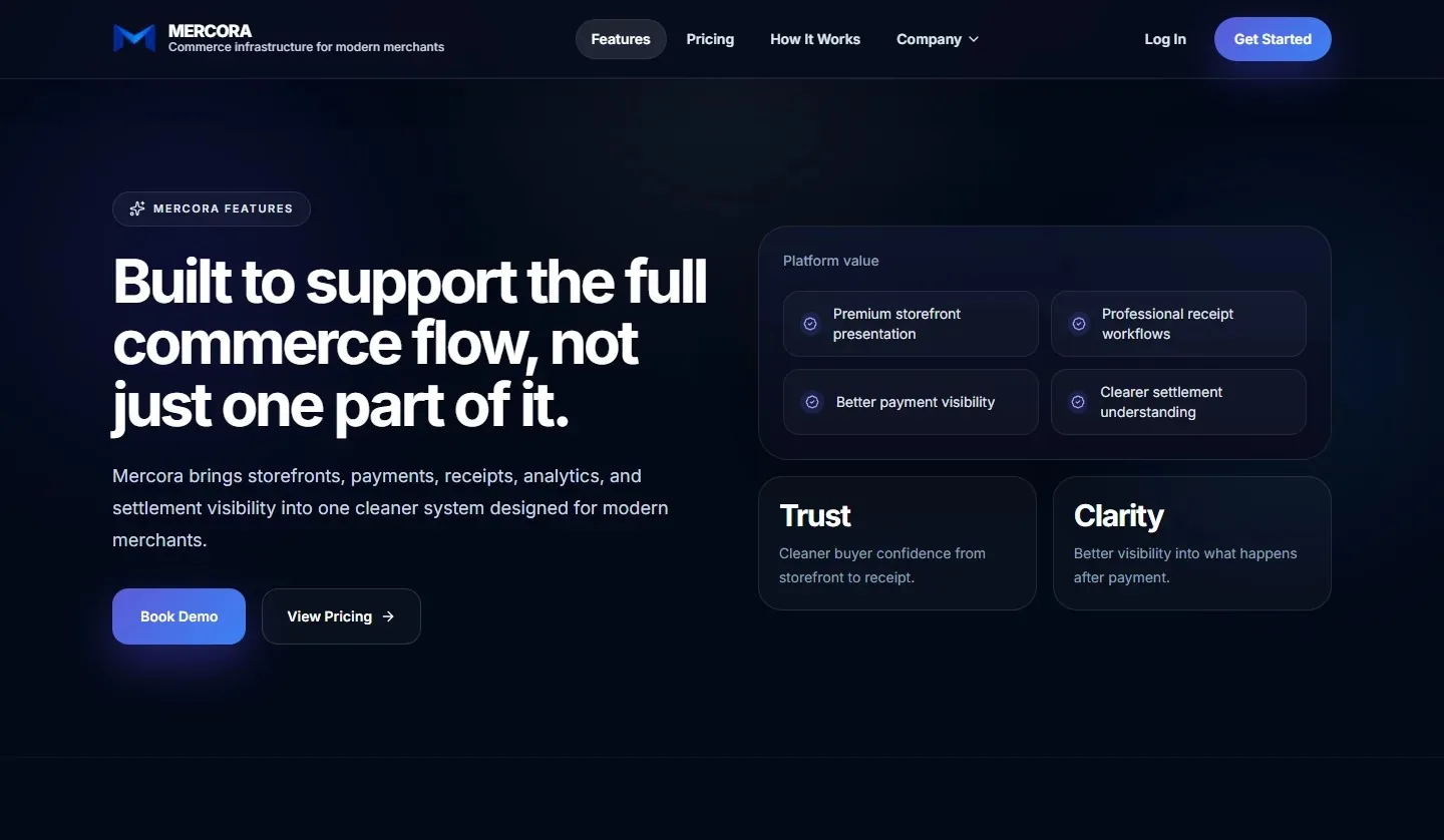 Mercora features page highlighting storefront, payments, receipts, and analytics in one system.