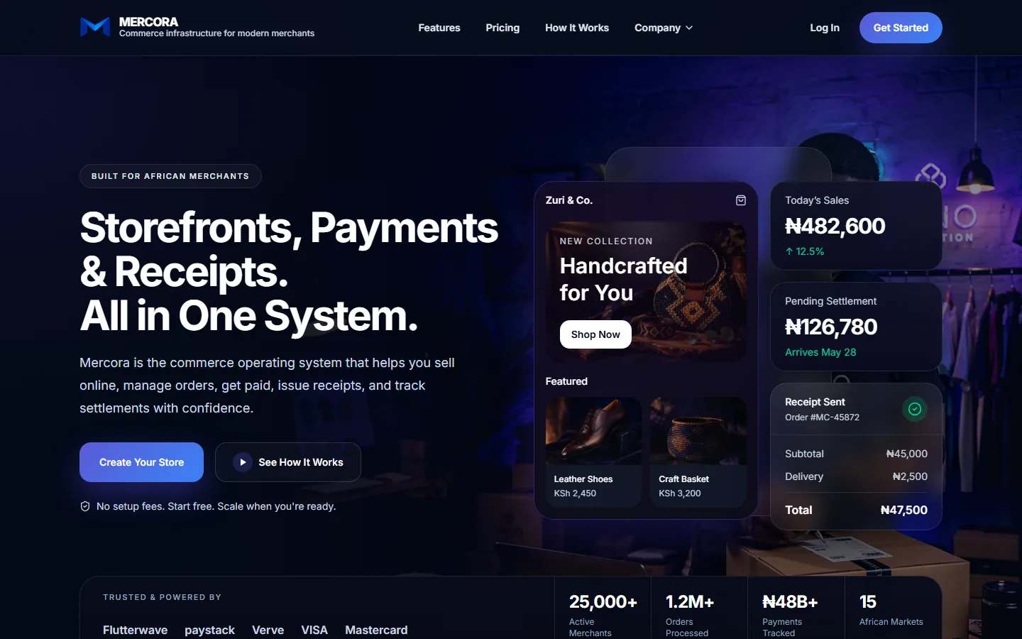 Mercora commerce SaaS platform dashboard with merchant storefront and order management.