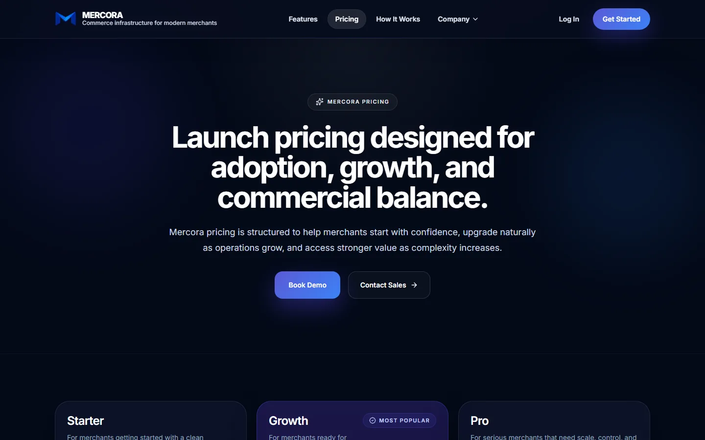 Mercora pricing page with Starter, Growth, and Pro plans for merchants.