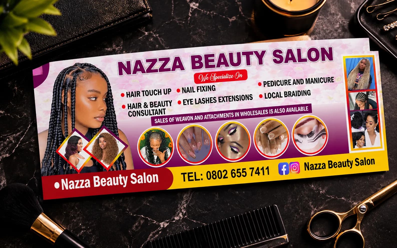 Nazza Beauty Salon flyer presented on a dark marble desk with beauty tools.