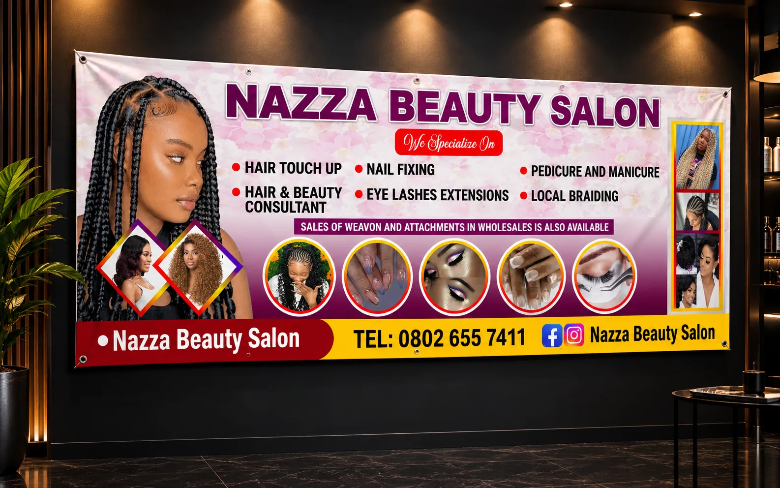 Nazza Beauty Salon large-format indoor banner mounted on a dark showroom wall.