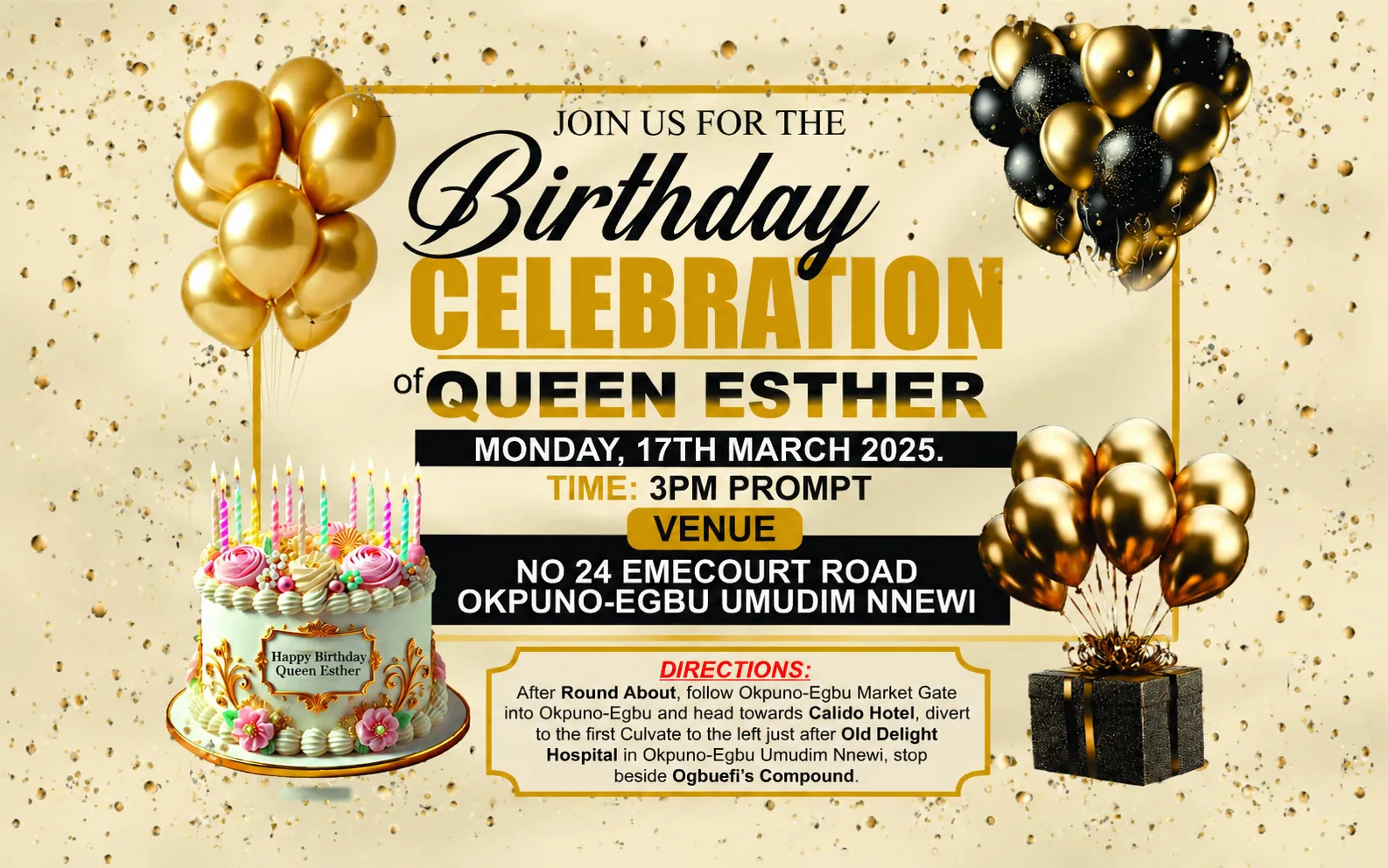 Flat vector layout of the Queen Esther birthday flyer showing precise typography and spacing.
