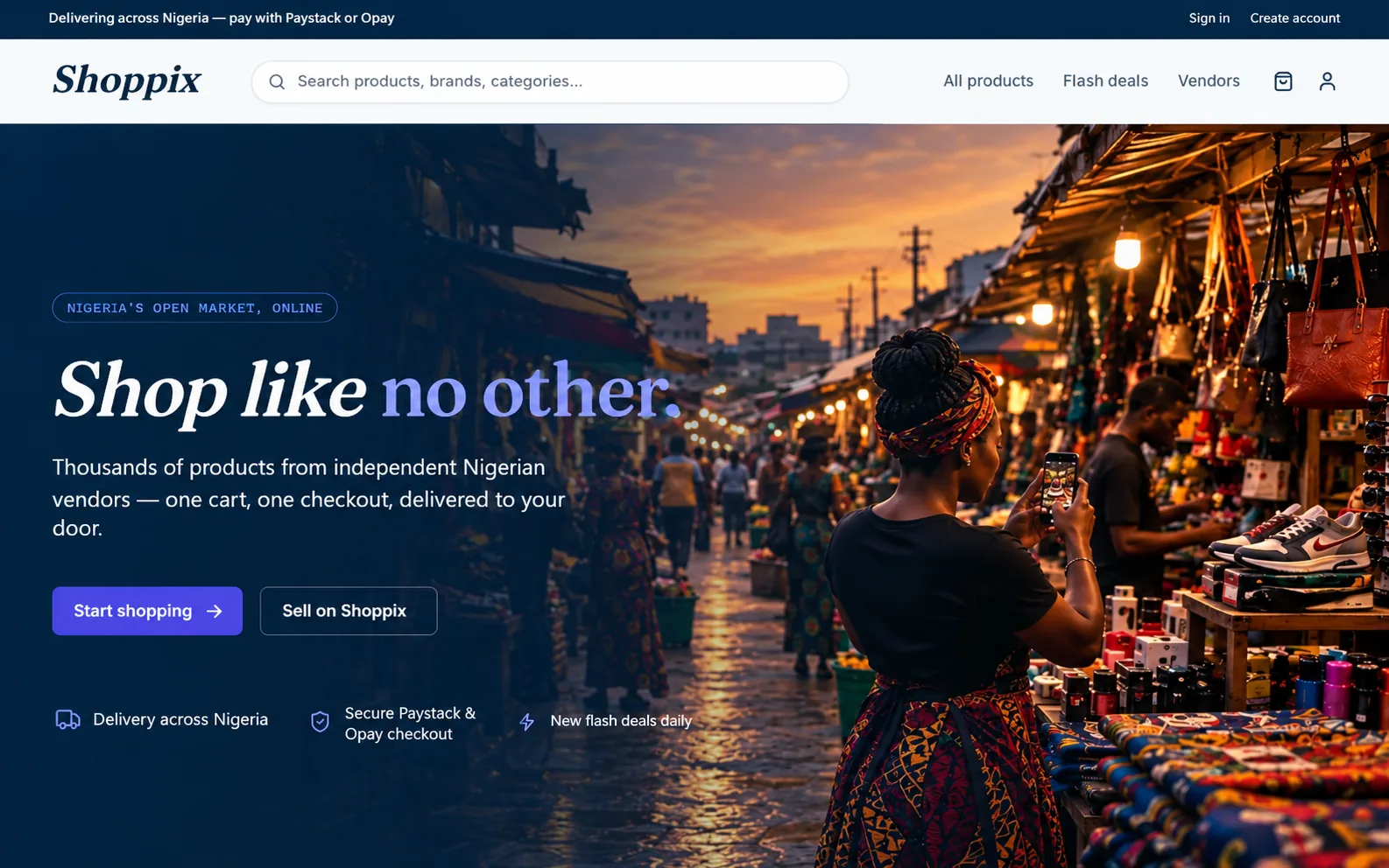 Shoppix multi-vendor commerce platform dashboard with product catalog and vendor management.