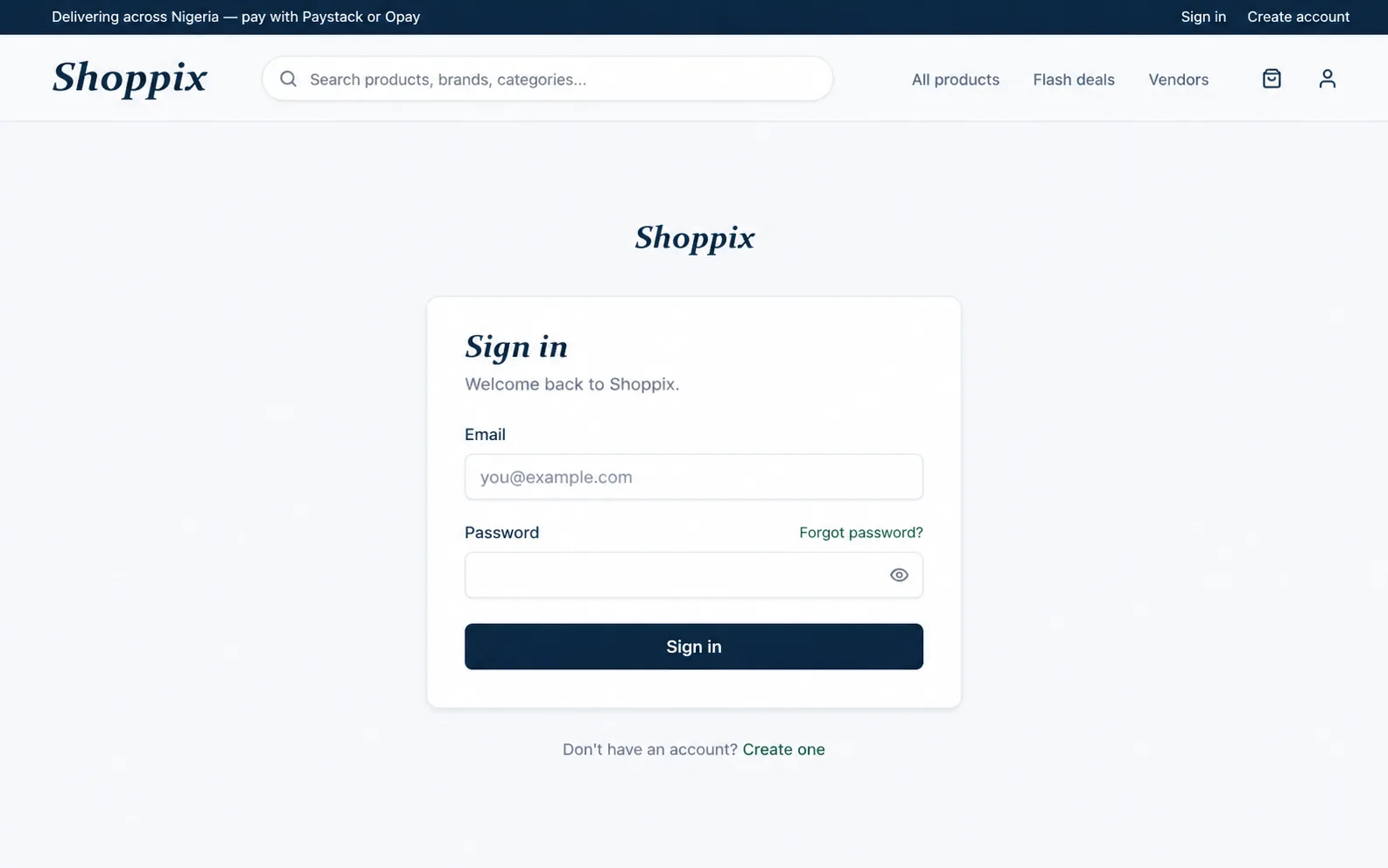Shoppix sign-in page with email and password fields for a Nigerian multi-vendor marketplace.
