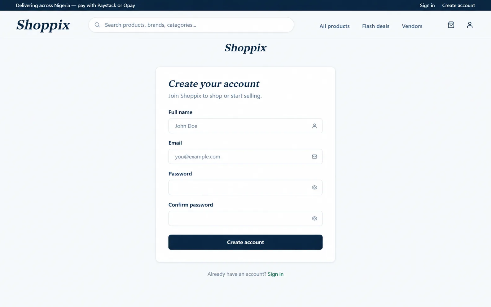 Shoppix account creation page for shoppers and vendors on a Nigerian multi-vendor marketplace.