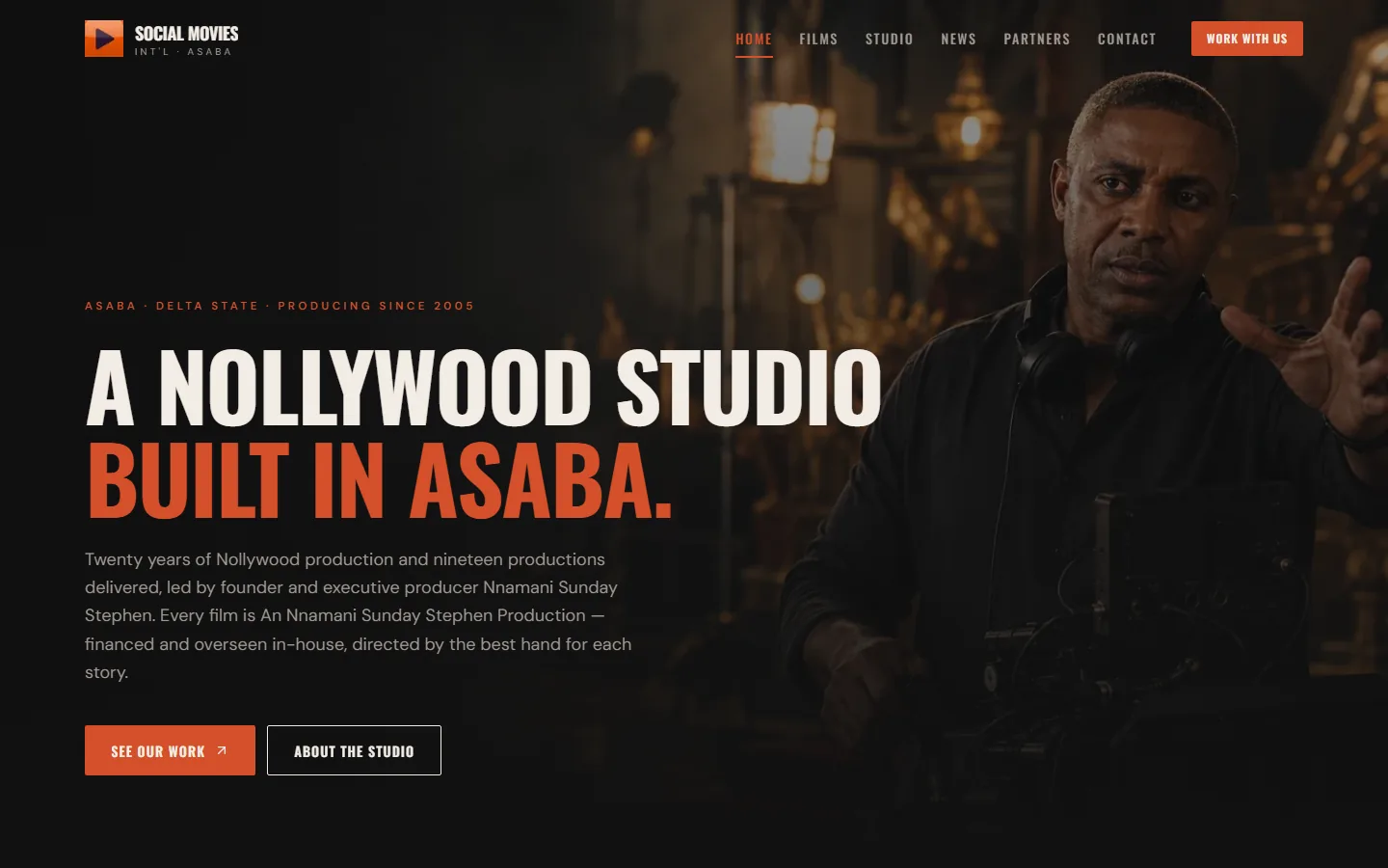 Social Movies Int'l Ltd homepage hero with Nollywood production imagery and the headline 'A Nollywood Studio Built in Asaba.'