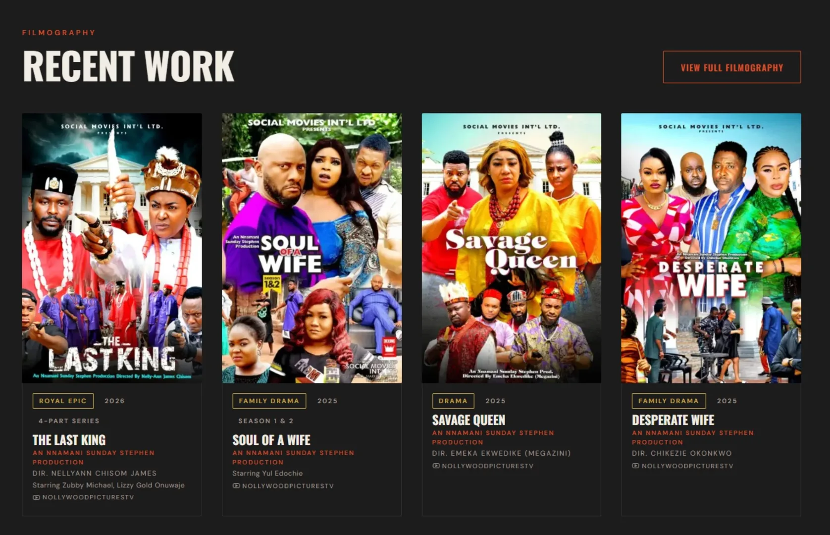 Social Movies Int'l Ltd filmography page displaying the recent films with genre and year filters across 4 titles.